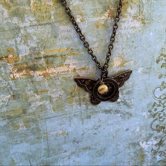 Hand Crafted Steampunk Butterfly Brass Necklace/a Semi Precious Bead - Picture 4 of 7